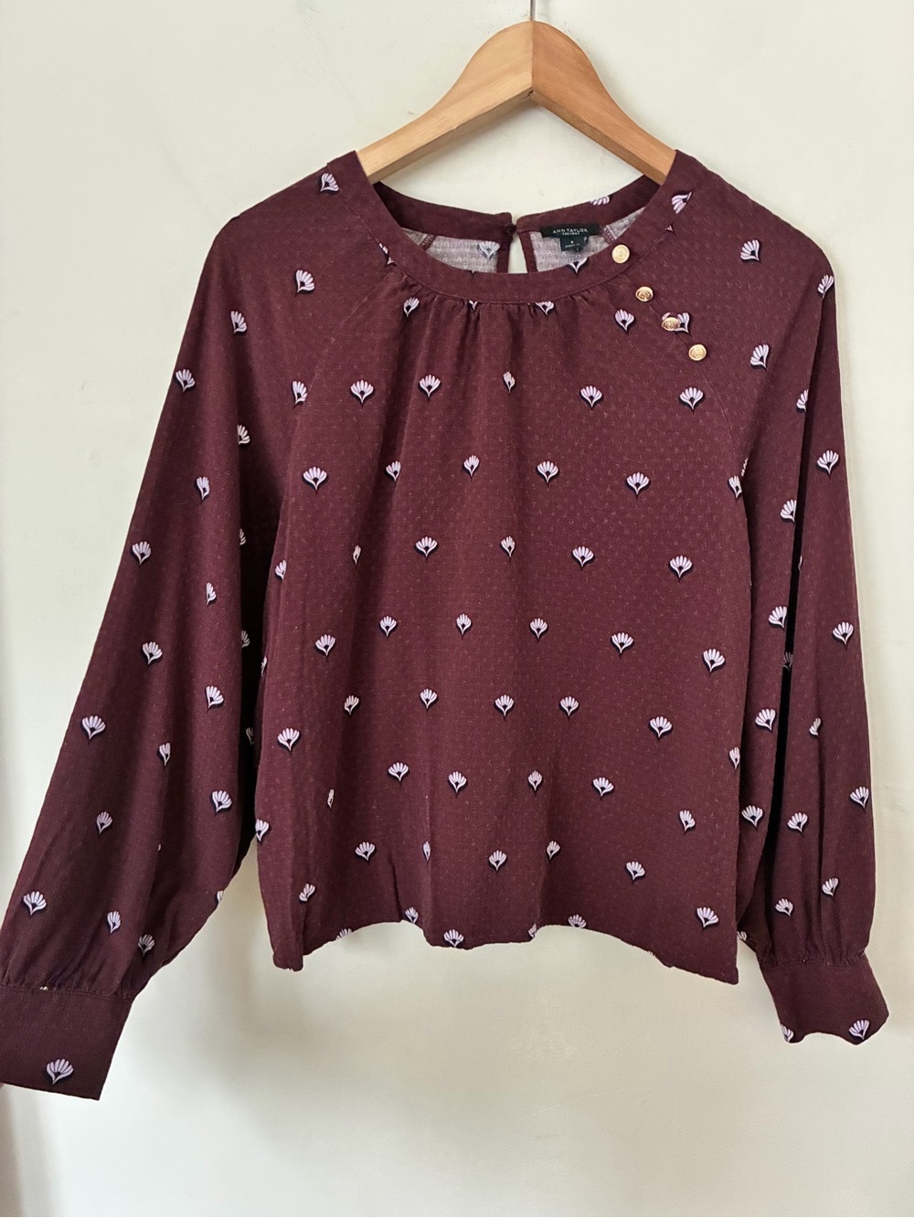 Ann Taylor Fall Burgundy Floral Dobby Blouse Gold Buttons Small Boho